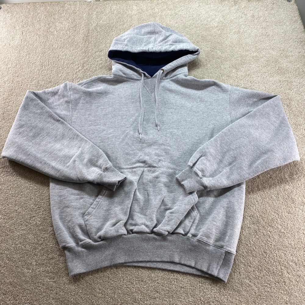 Champion Hoodie Mens Large Gray Navy Blue Fleece Pullover Sweatshirt S171